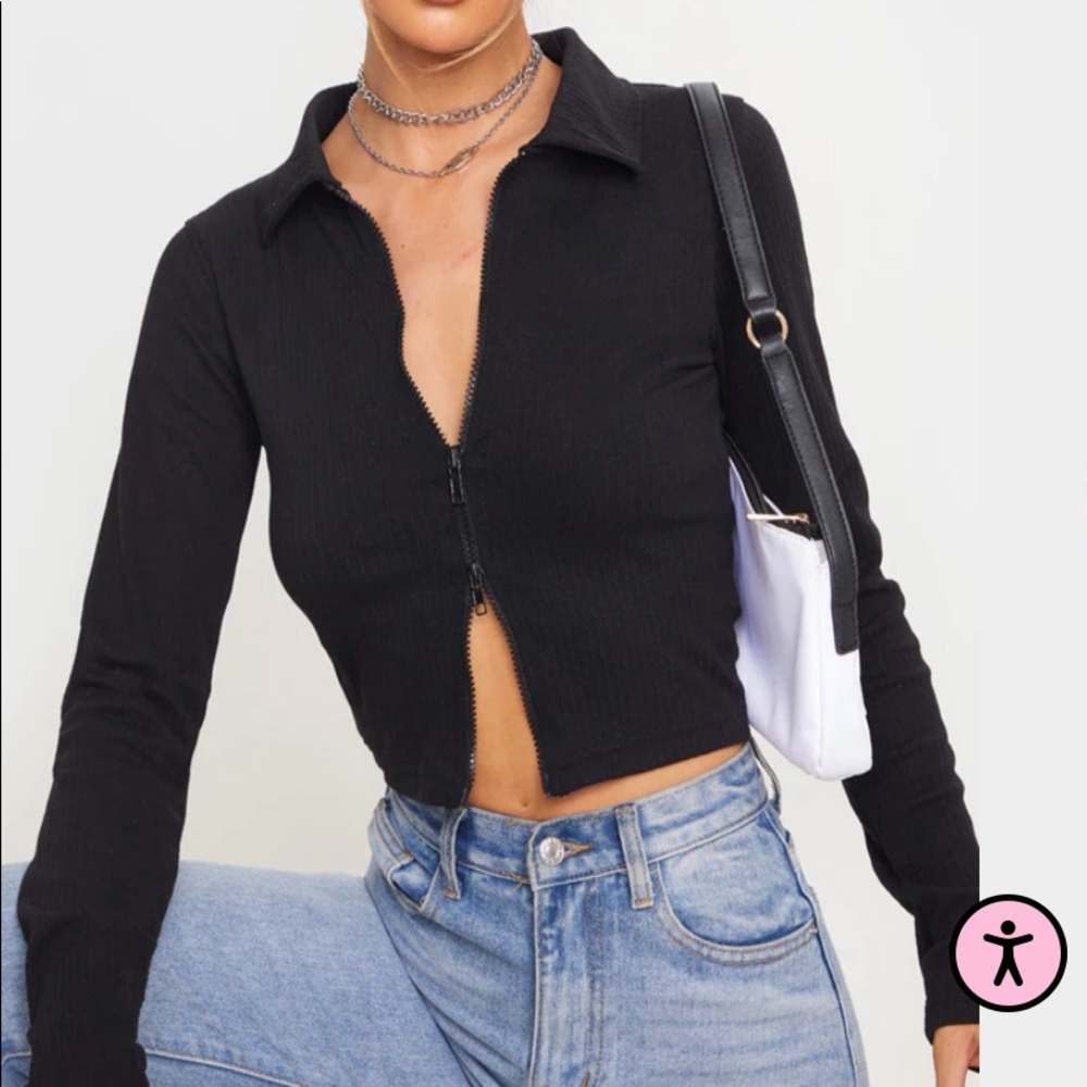 pretty little thing plt black jumbo rib collar double zip top